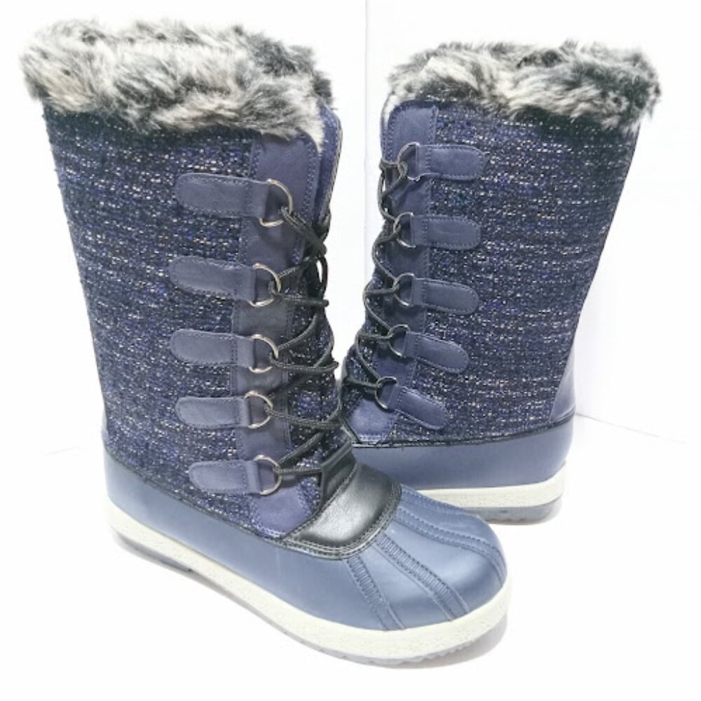 Snow Boots Winter Navy Blue Knit Faux Fur Women's Size 8.5 Mid calf Boots